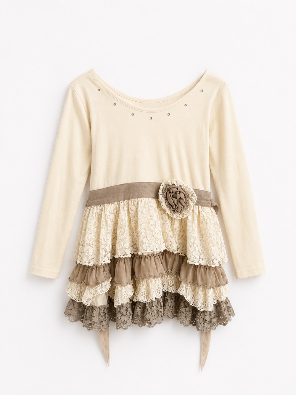 Mustard Pie Cream and Taupe Layered Lace Ruffle Dress with Pants